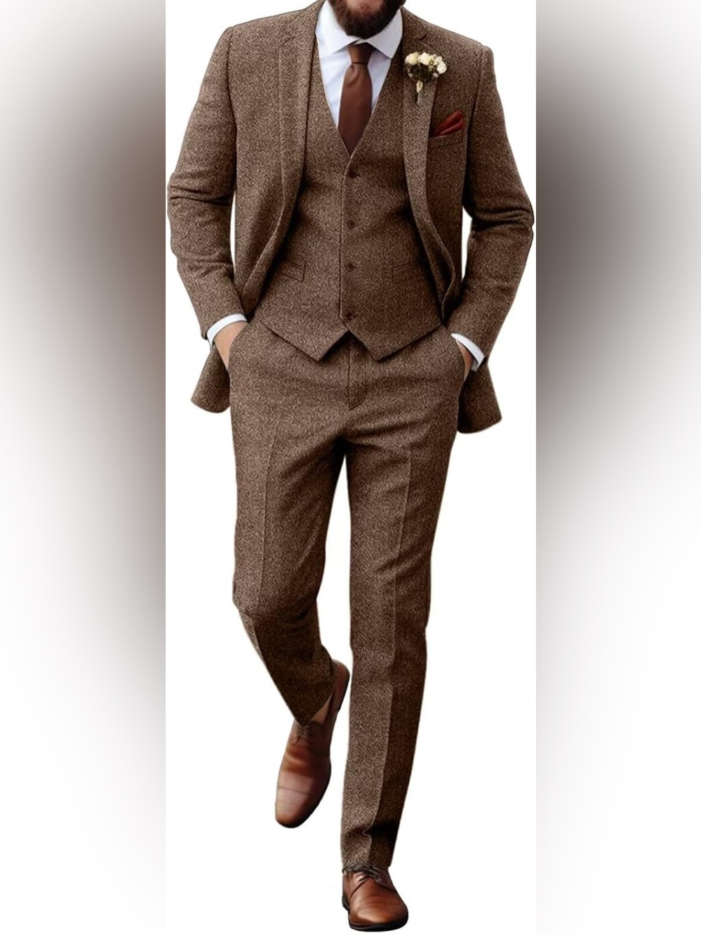 Men's 38R M Brown Herringbone Tweed 3 piece Suit Pants - Classic Formal Trousers